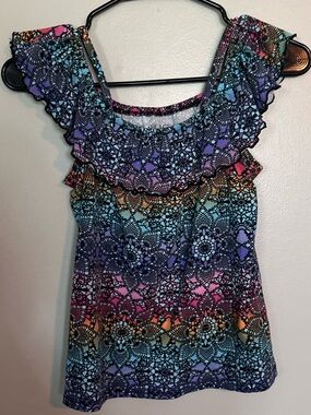5 for $20! Multicolor Lace-Print Ruffle Sleeve Women’s Top